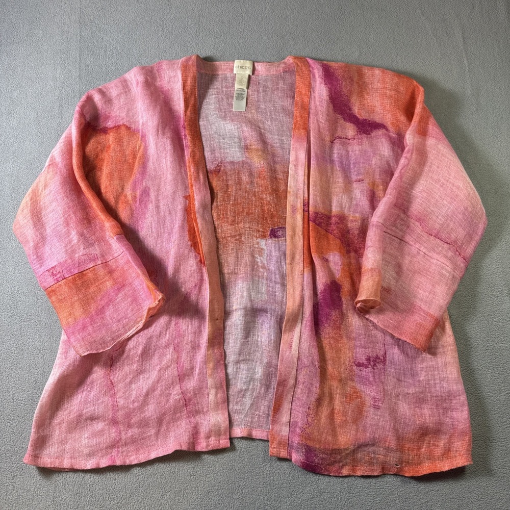 Chico's 2 L Pink Gauze 100% Linen Fabulous Watercolor Painted OpenArt Top Casual